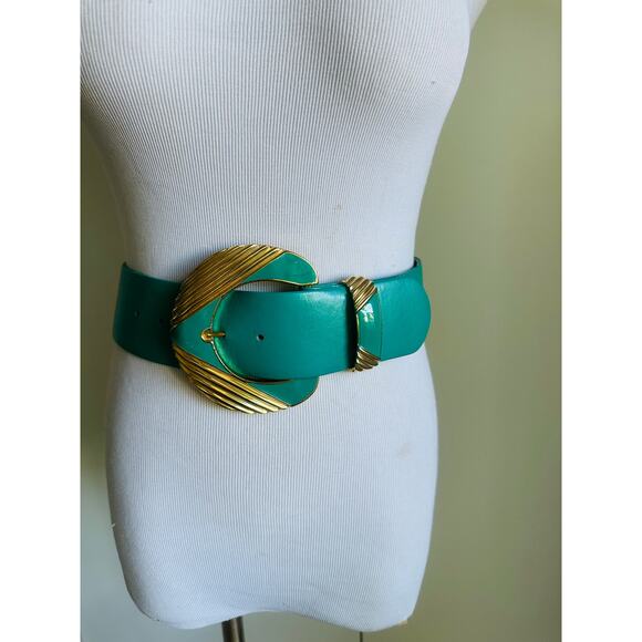 90s St John Leather/Enamel Belt Size 2/26 W Turquoise Gold Big Statement - Picture 10 of 10